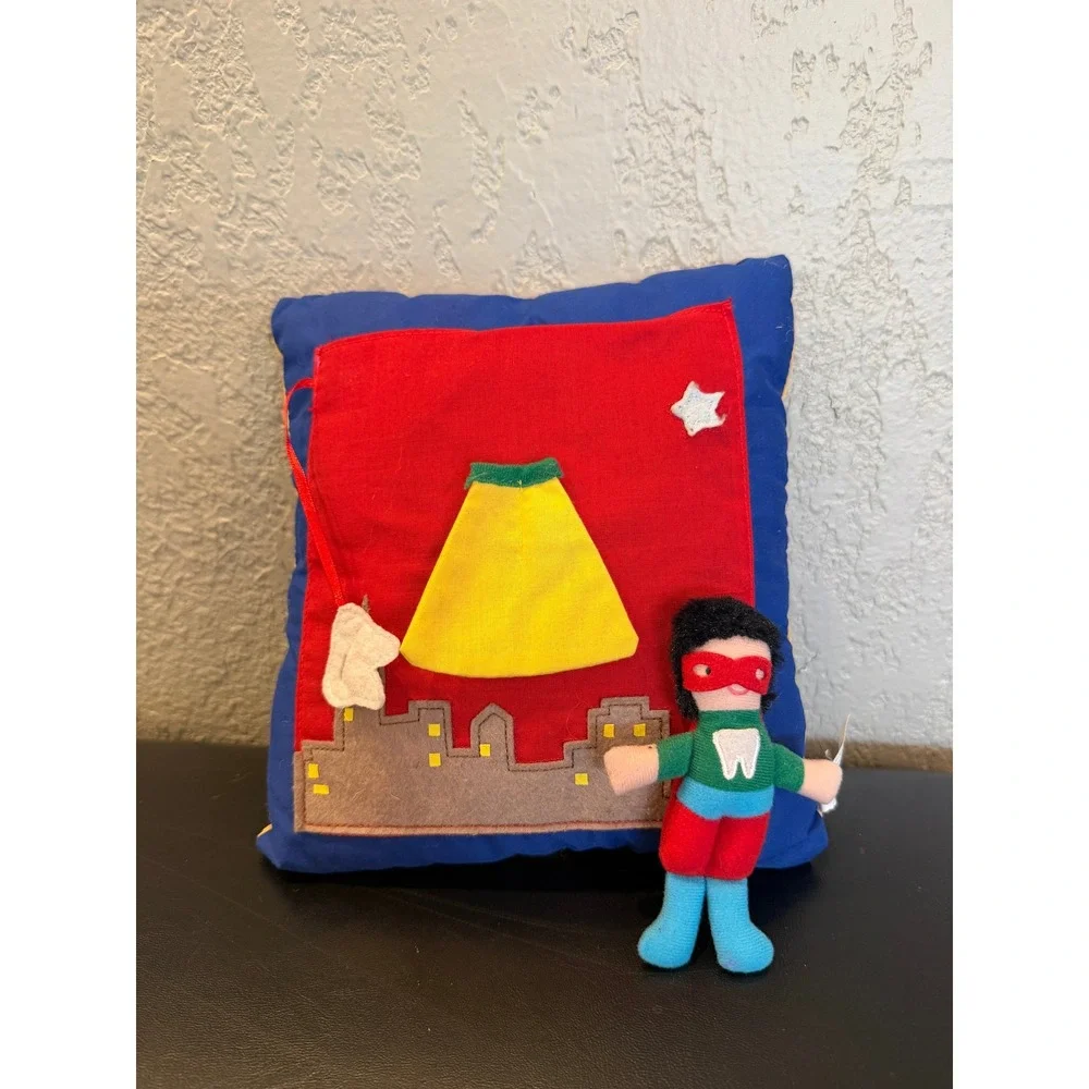 Superhero Tooth Fairy Pillow‎ with Removable Doll and Pocket Blue Red Yellow